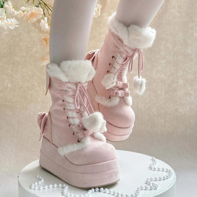Pink Cute Platform Thick-Soled Bowknot Lace-Up Sweet Lolita Plush Boots - Product - 4
