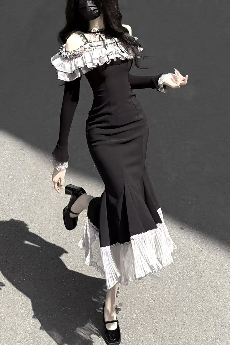 Black [Night Cherry Blossoms] Long Sleeves Ruffle Bowknot Daily Sweet Elegant Lolita Fishtail Dress - Product - 11