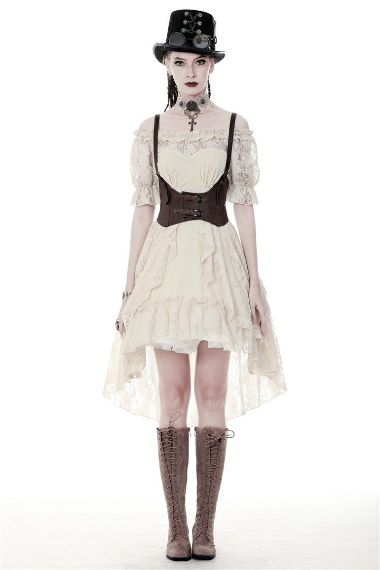 Beige Ruffled Off Shoulder Short Sleeves Ruched Women's Steampunk Vintage Gorgeous Graduation Dress - Product - 5