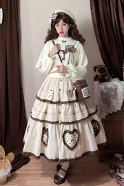 Ivory [Lovely Heart] Triple-Layered Ruffle Embroidery Bowknot Sweet Elegant Lolita Skirt - Ivory - 1