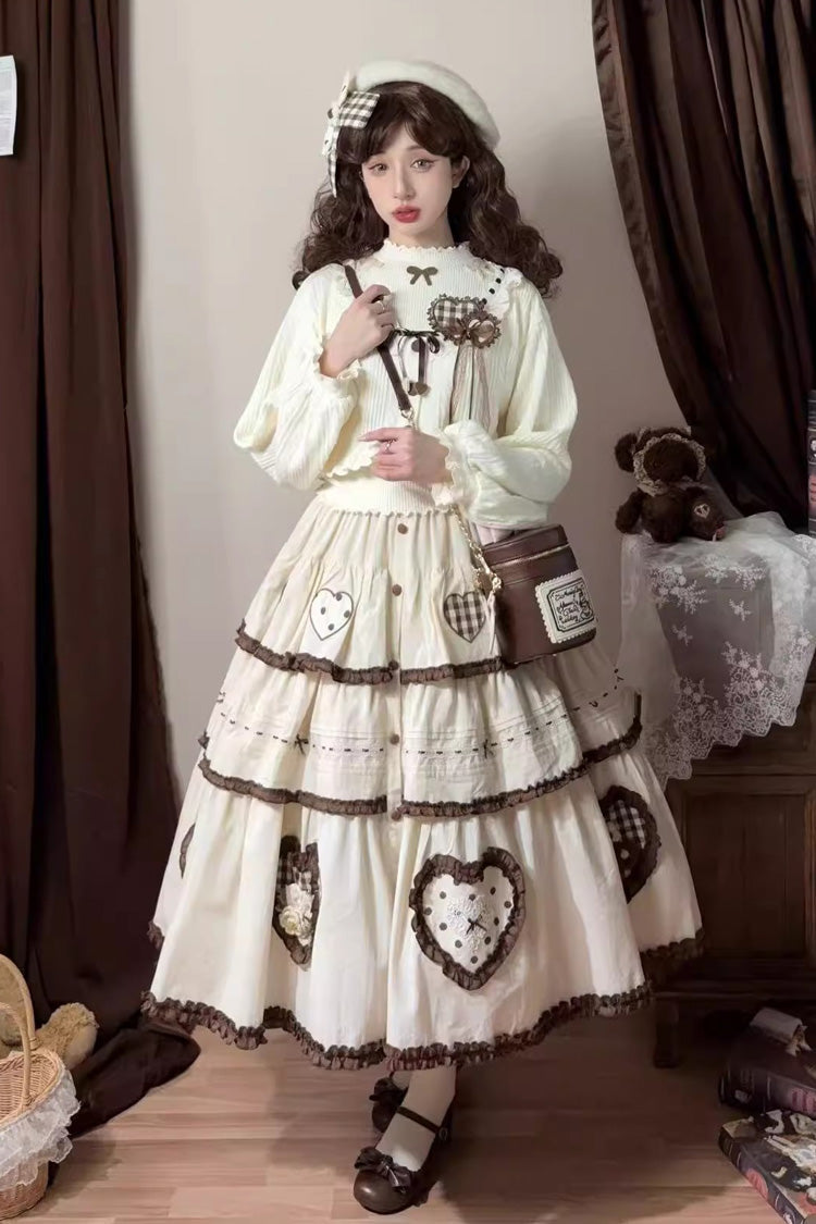 Ivory [Lovely Heart] Triple-Layered Ruffle Embroidery Bowknot Sweet Elegant Lolita Skirt - Ivory - 1