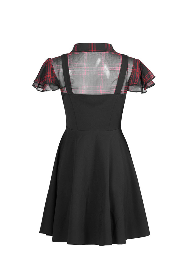 Black/Red V-Neck Ruffled Short-Sleeved Check Chiffon Waisted Skull Stud Women's Punk Dress - Product - 7