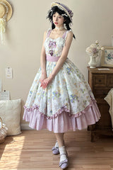[Blueberry Early Summer] Sleeveless Print Ruffle Bowknot Sweet Lolita Jsk Dress 2 Colors (Plus Size Version) - Purple - 1