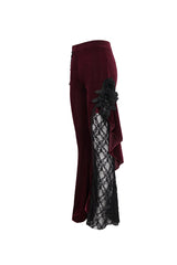 Red Velvet Single Side Stitching Rose Net Side Rope Decoration Asymmetric Pattern Flare Women's Gothic Pants - Product - 9