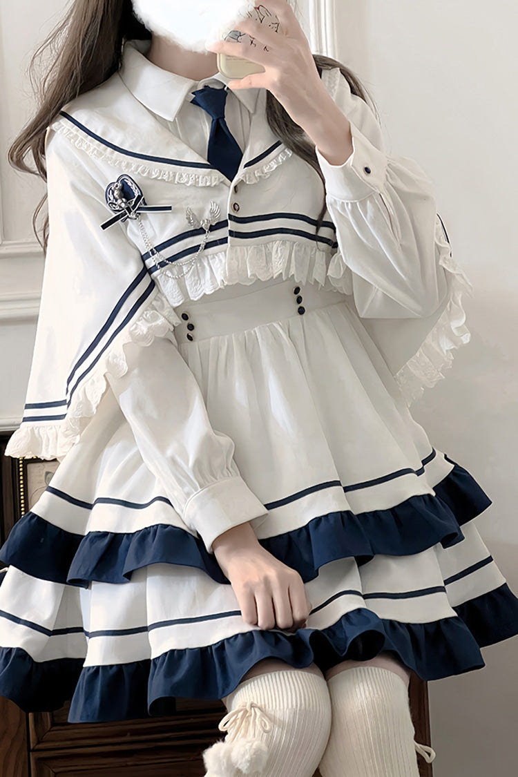 White Long Sleeves Double-Layered Ruffle Sweet College Style Lolita Dress - Product - 12