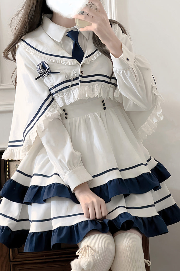 White Long Sleeves Double-Layered Ruffle Sweet College Style Lolita Dress - Product - 12