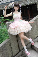 Ancient Poetry Print Multi-layer Ruffle Bowknot Lace Sweet Chinese Style Lolita Tiered Dress 2 Colors - Product - 13