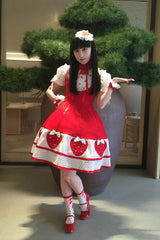 [Miss Peculiar Strawberry] Stand Collar Sleeveless Printed Bow Sweet Lolita Dress 2 Colors (Red, Blue/Black) - Product - 16