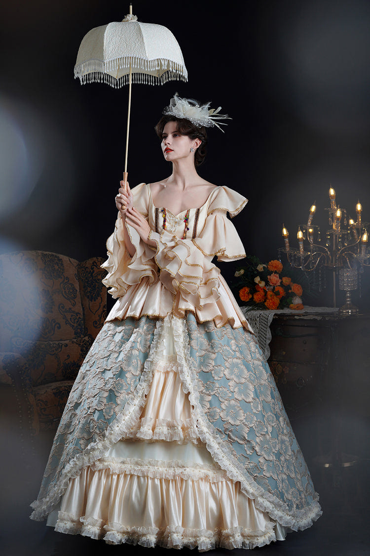 Blue/Champagne Half Trumpet Sleeves Ruffle Embroidery Cardigan Lace Classic Princess Palace Lolita Victorian Dress - Product - 7