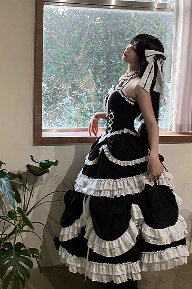Black Cross Halterneck Ruffle Bowknot Lace Lace-Up Princess Gothic Lolita Dress - Product - 5