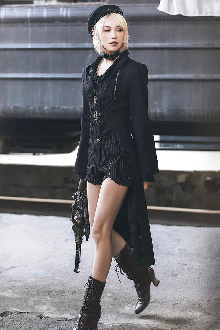 Black Stripe Print Rivet Ouji Fashion Lolita Shorts - Product - 4