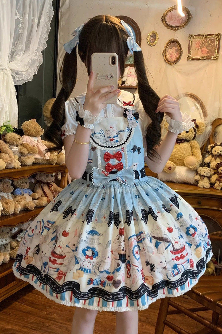 ブルー [Mystery Rabbit Tea Party] ノースリーブ プリント リボン レース スウィートロリータ ストラップ ワンピース
