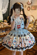 Blue Mystery Rabbit Tea Party Sleeveless Print Bowknot Lace Sweet Strap (Dress Only) front view