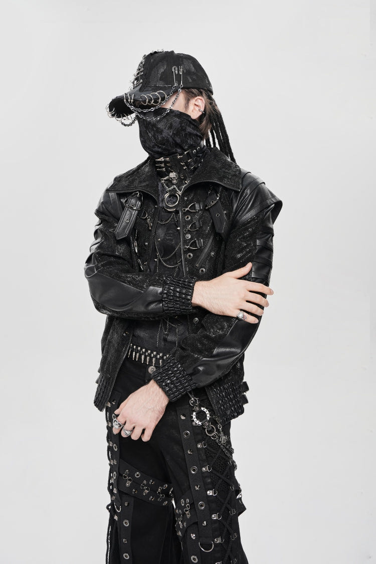 Black Faux Leather Stitching Buckle Zipper Straps Men's Punk Coat - Product - 8