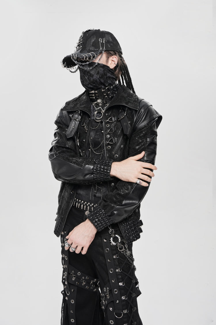 Black Faux Leather Stitching Buckle Zipper Straps Men's Punk Coat - Product - 8
