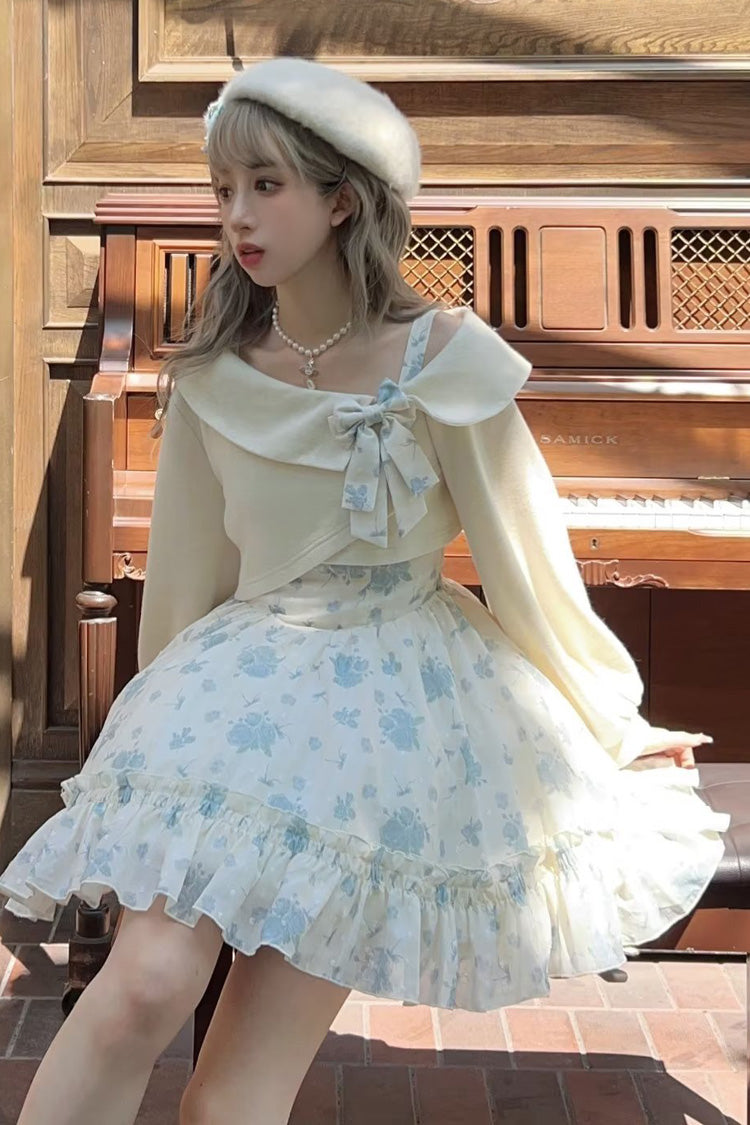 Blue Oblique Shoulder Print Ruffle Bowknot Lace Sweet Lolita Jsk Dress Set - Product - 3