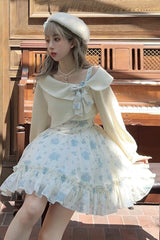Blue Oblique Shoulder Print Ruffle Bowknot Lace Sweet Lolita Jsk Dress Set - Product - 3