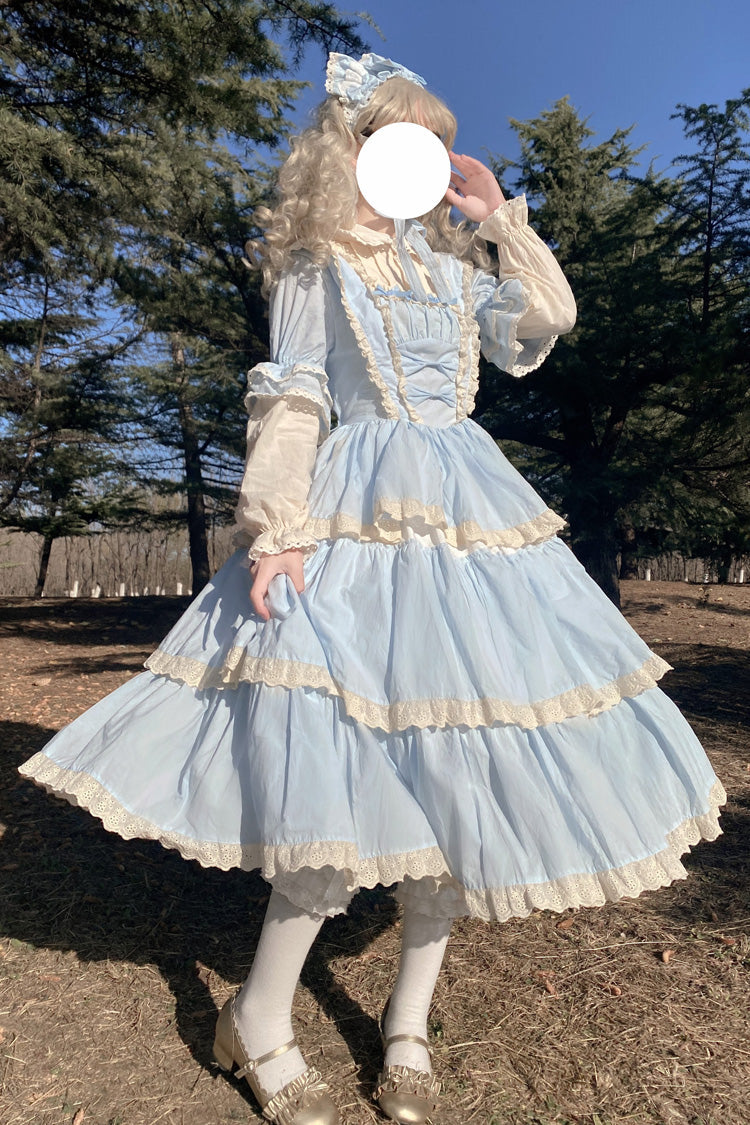 Blue Lapel Collar Long Sleeves High Waisted Multi-layer Bowknot Sweet Lolita Dress - Product - 2