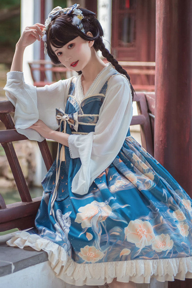 Blue White Tiger And Flowers Print Bowknot Chinese Style Classic Lolita Jsk Dress - Product - 4