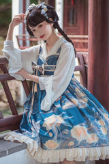 Blue White Tiger And Flowers Print Bowknot Chinese Style Classic Lolita Jsk Dress - Product - 4