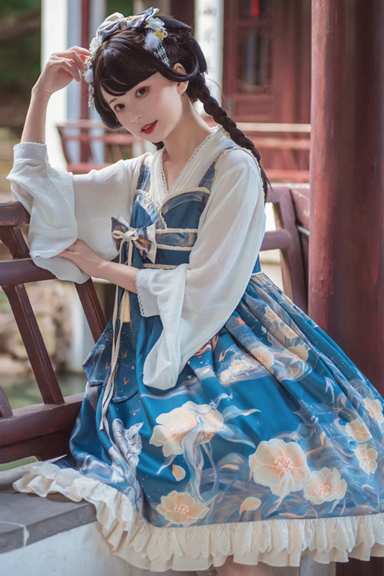 Blue White Tiger And Flowers Print Bowknot Chinese Style Classic Lolita Jsk Dress - Product - 4