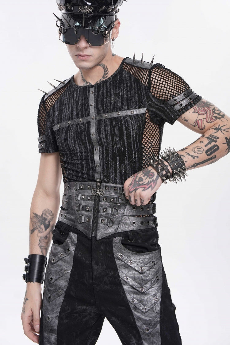 Black Multi-Layered Studded Zippered Eyelet Men's Punk Cool  Girdle - Product - 10