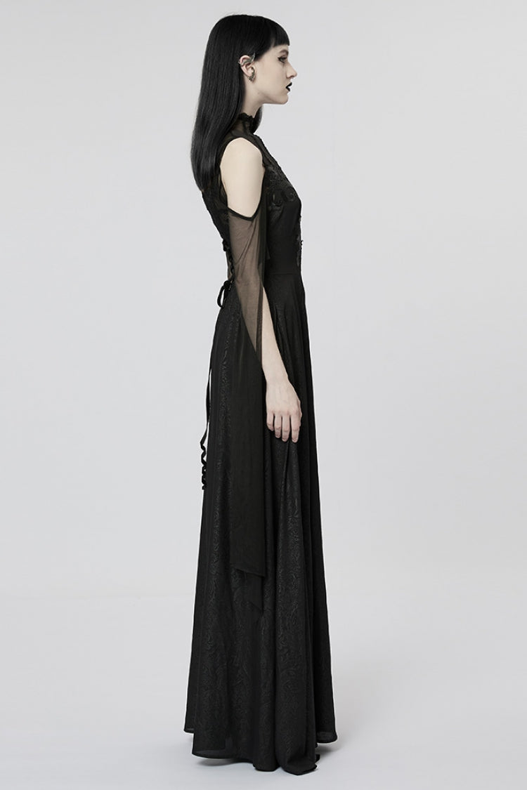 Black Off Shoulder Print Stitching Irregular Mesh Women's Gothic Dress - Product - 2