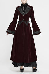 Red Lace Flared Sleeves Velvet Long Womens Gothic Coat - Red - 1