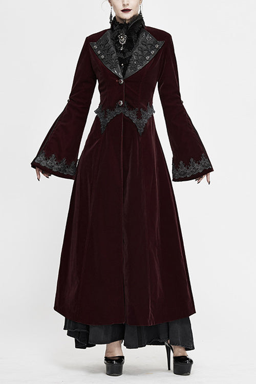 Red Lace Flared Sleeves Velvet Long Womens Gothic Coat - Red - 1