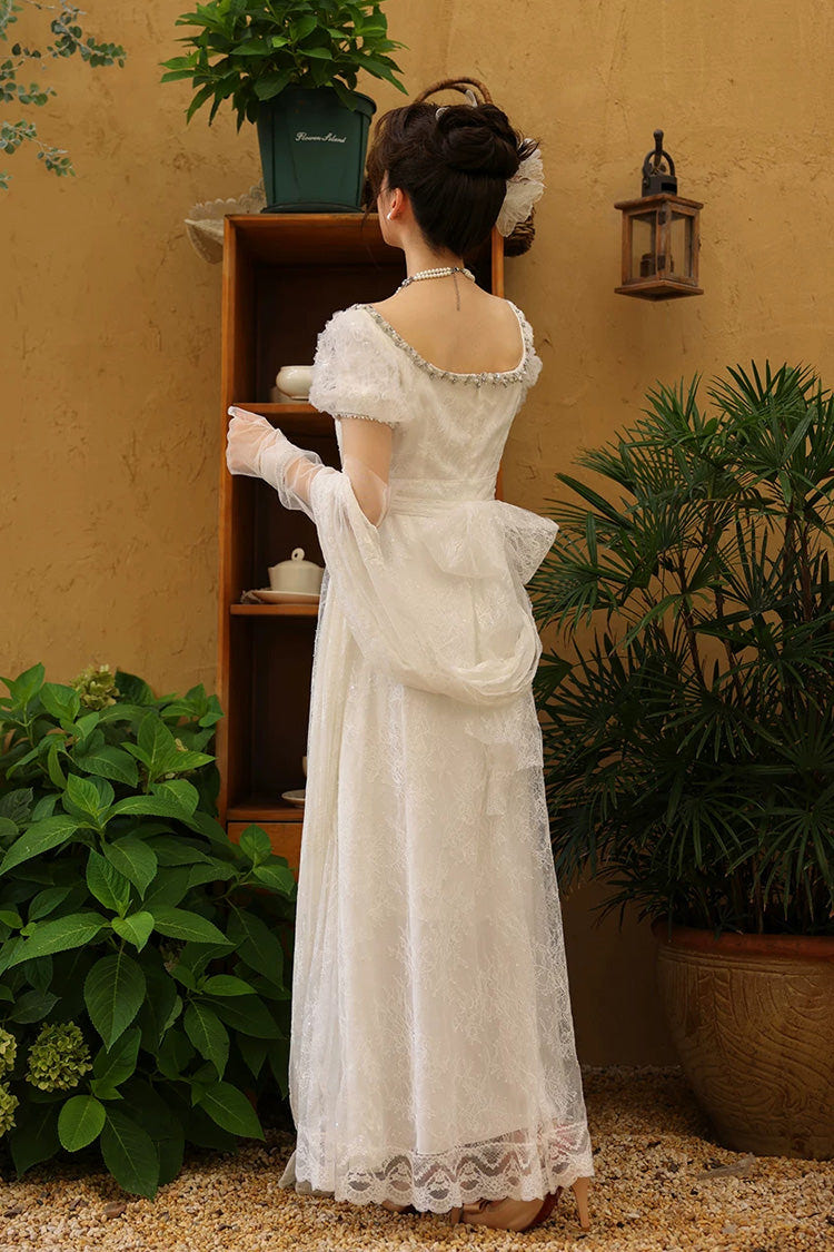 White Square Collar Short Sleeves Jacquard Wedding Style Lace Pearl Detail Vintage Elegant Luxurious Lolita Dress - Product - 6