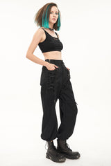Black Irregular Print Single Side Frenulum Ring Legs Drawstring Closing Women's Punk Pants - Product - 6