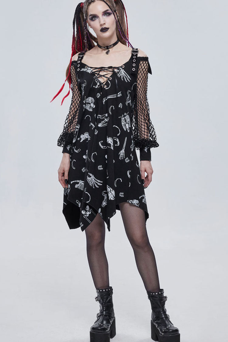 Black Gothic Knit Bone Print Sling Metal Grommet Strap Design Long Sleeve Women's Dress - Product - 7