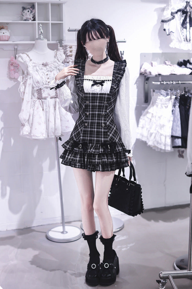 Black/White Square Collar Long Sleeves Jacquard Plaid Printed Ruffled Japanese Vintage Jirai Kei Dress - Product - 8