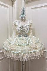Green [Rose Feather Waltz] Sleeveless Triple-Layered Ruffle Bowknot Lace Sweet Ballet Lolita Jsk Dress - Product - 3