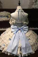 Blue/Ivory Halterneck Sleeveless Triple-Layered Floral Printed Ruffled Bow Lace Sweet Lolita Jsk Dress Set - Product - 3