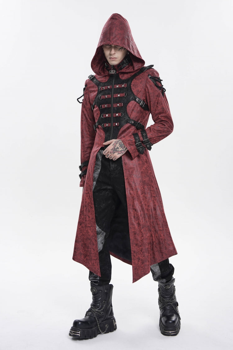 Red Stand Collar Long Sleeves Printed Spliced Studded Buckled Zippered Eyelet Men's Punk Cool Hooded Jacket - Product - 4