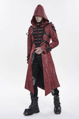 Red Stand Collar Long Sleeves Printed Spliced Studded Buckled Zippered Eyelet Men's Punk Cool Hooded Jacket - Product - 4