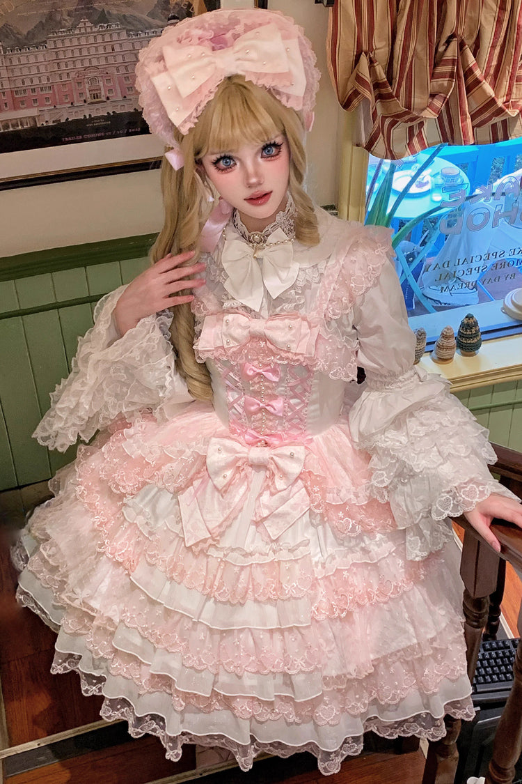 Pink/White [Love Overture] Multi-Layered Ruffle Bowknot Lace Sweet Lolita Jsk Dress - Product - 7