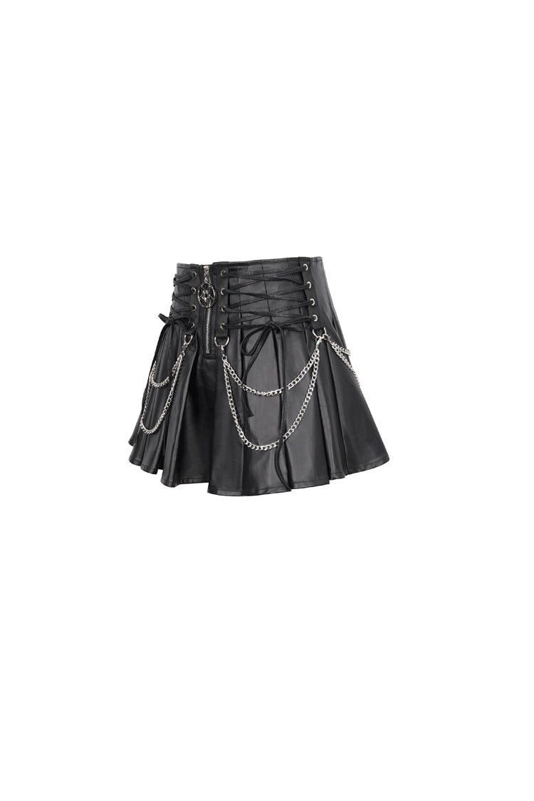 Black Faux Leather Web Eyelet Adjustable String Chain Pleated Women's Gothic Skirt - Product - 7