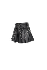 Black Faux Leather Web Eyelet Adjustable String Chain Pleated Women's Gothic Skirt - Product - 7