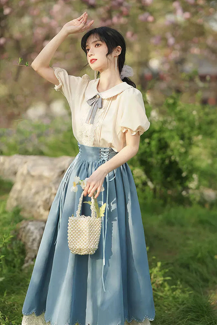 Solid Color Lapel Collar Short Sleeves High Waisted Lace-Up Wave Hem Classic Lolita Two-Piece Skirt Set 7 Colors - Blue - 14