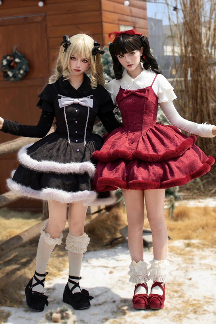 [Winter's Wish] Double-Layered Jacquard Bowknot Furry Sweet Lolita Jsk Dress 2 Colors - Black - 1