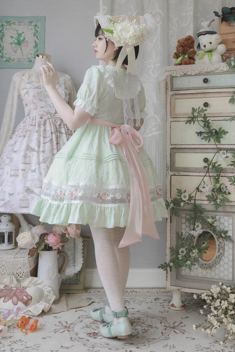 Green Short Sleeves Rose Print Ruffle Bowknot Sweet Lolita Dress - Product - 3