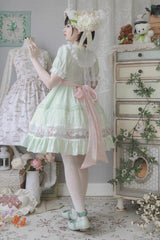 Green Short Sleeves Rose Print Ruffle Bowknot Sweet Lolita Dress - Product - 3