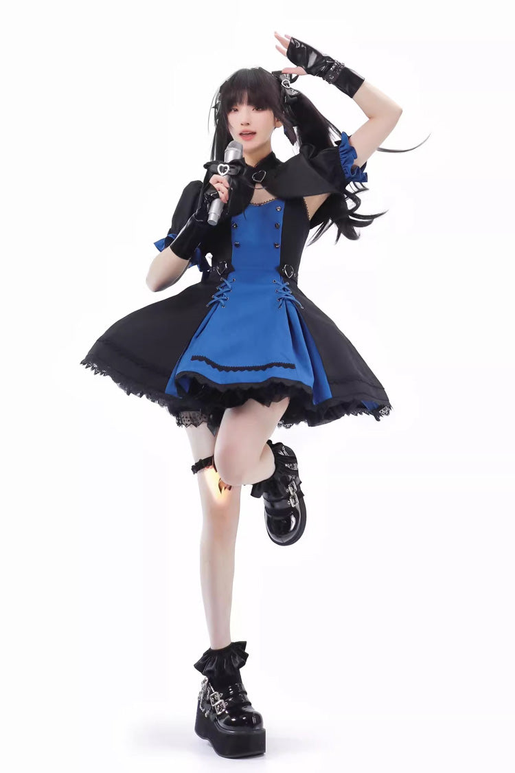 Black/Blue [Night Liana] Ruffle Bowknot Lace-Up Sweet Japanese Lolita Jumper Dress Set - Product - 13