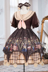 Brown Alchemist Cartoon Anime Print Doll Collar Bowknot Short Sleeves Multi-Layer Pompom Sweet Lolita OP Dress - Product - 6