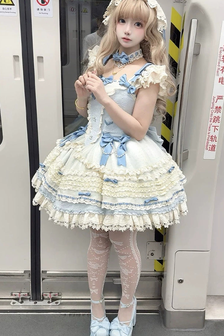 [Wind Chime Poem] Square Collar Flutter Sleeves Triple-Layered Printed Ruffled Bow Sweet Lolita Jsk Dress 4 Colors (Blue, Pink, Purple, Green) - Product - 12