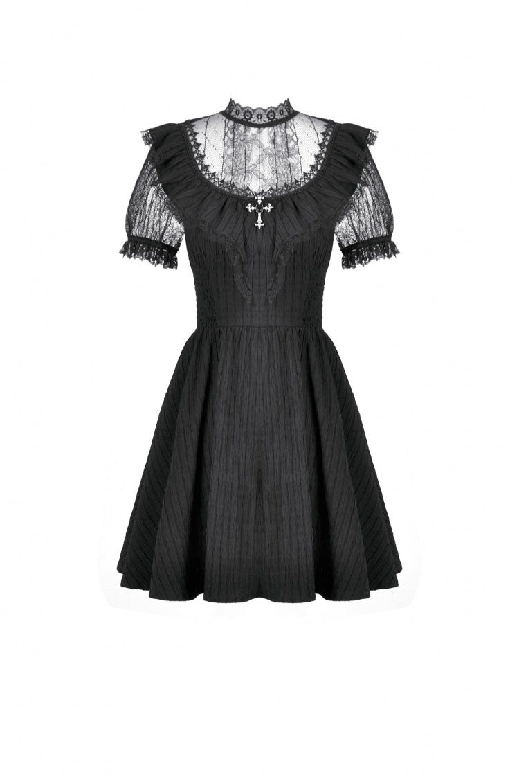 Black Lace Short Sleeves Cross Ruffled Women's Gothic Graduation Dress - Product - 3