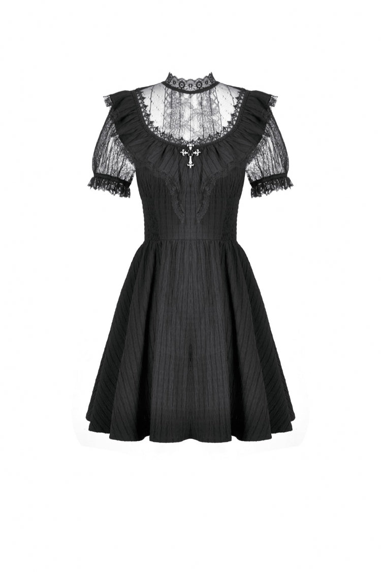 Black Lace Short Sleeves Cross Ruffled Women's Gothic Graduation Dress - Product - 3
