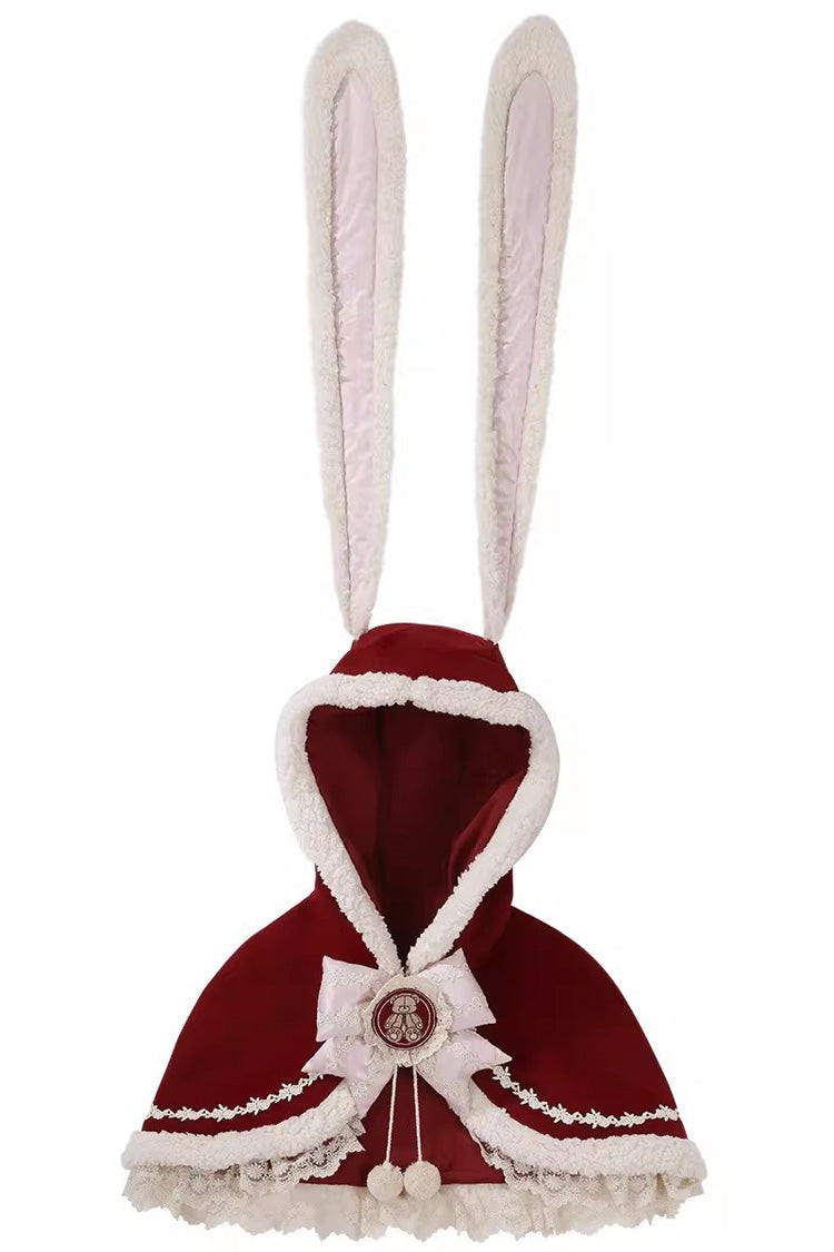 Red [New Year] Long Sleeves Embroidered Bow Lace Sweet Lolita Skirt and Rabbit Ears Cloak Set - Cloak - 12